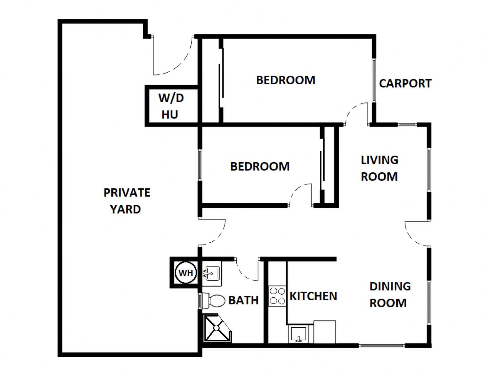 Floor plan for 2 beds, 1 bath